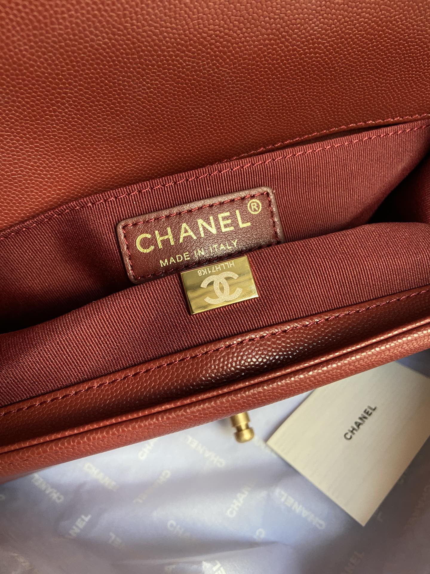 BOY CHANEL HANDBAG Shiny Grained Calfskin & Gold-Tone Metal red 5.9 × 9.8 × 3.5 in
