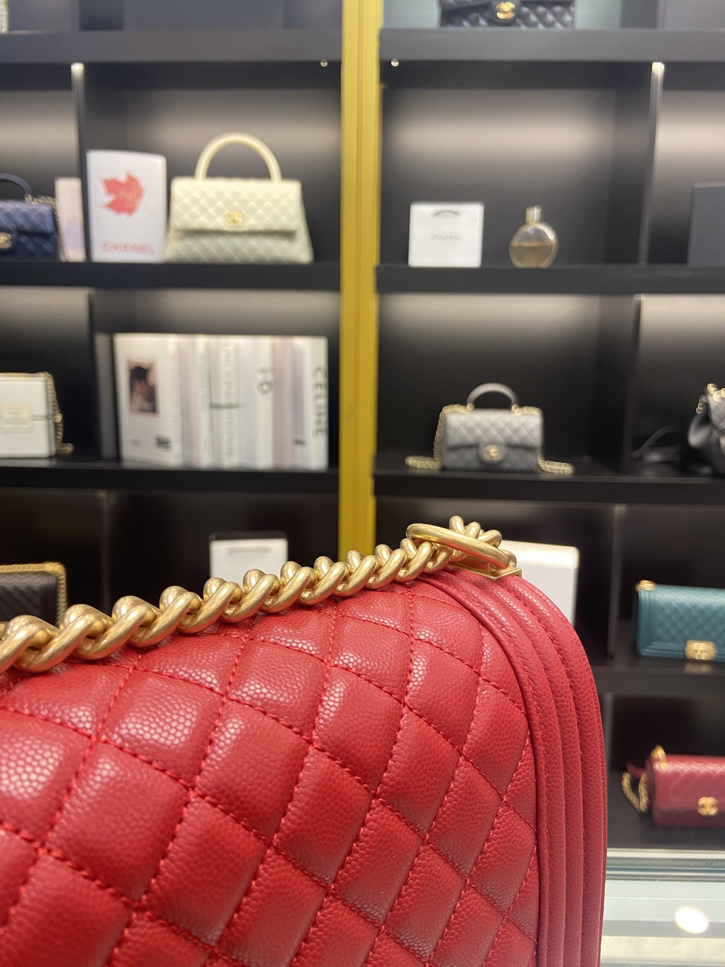 BOY CHANEL HANDBAG Shiny Red Grained Calfskin & Gold-Tone Metal 5.9 × 9.8 × 3.5 in