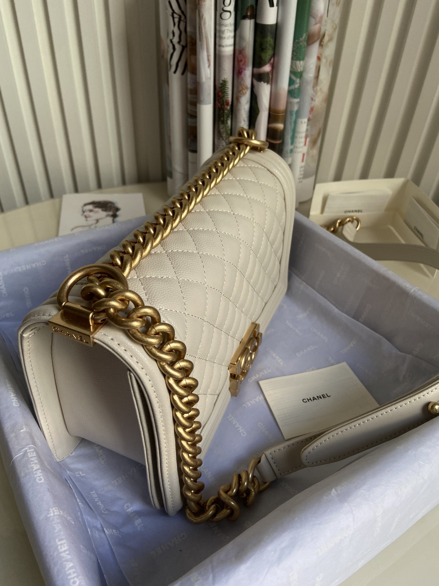 BOY CHANEL HANDBAG Shiny Grained Calfskin & Gold-Tone Metal Beige 5.9 × 9.8 × 3.5 in