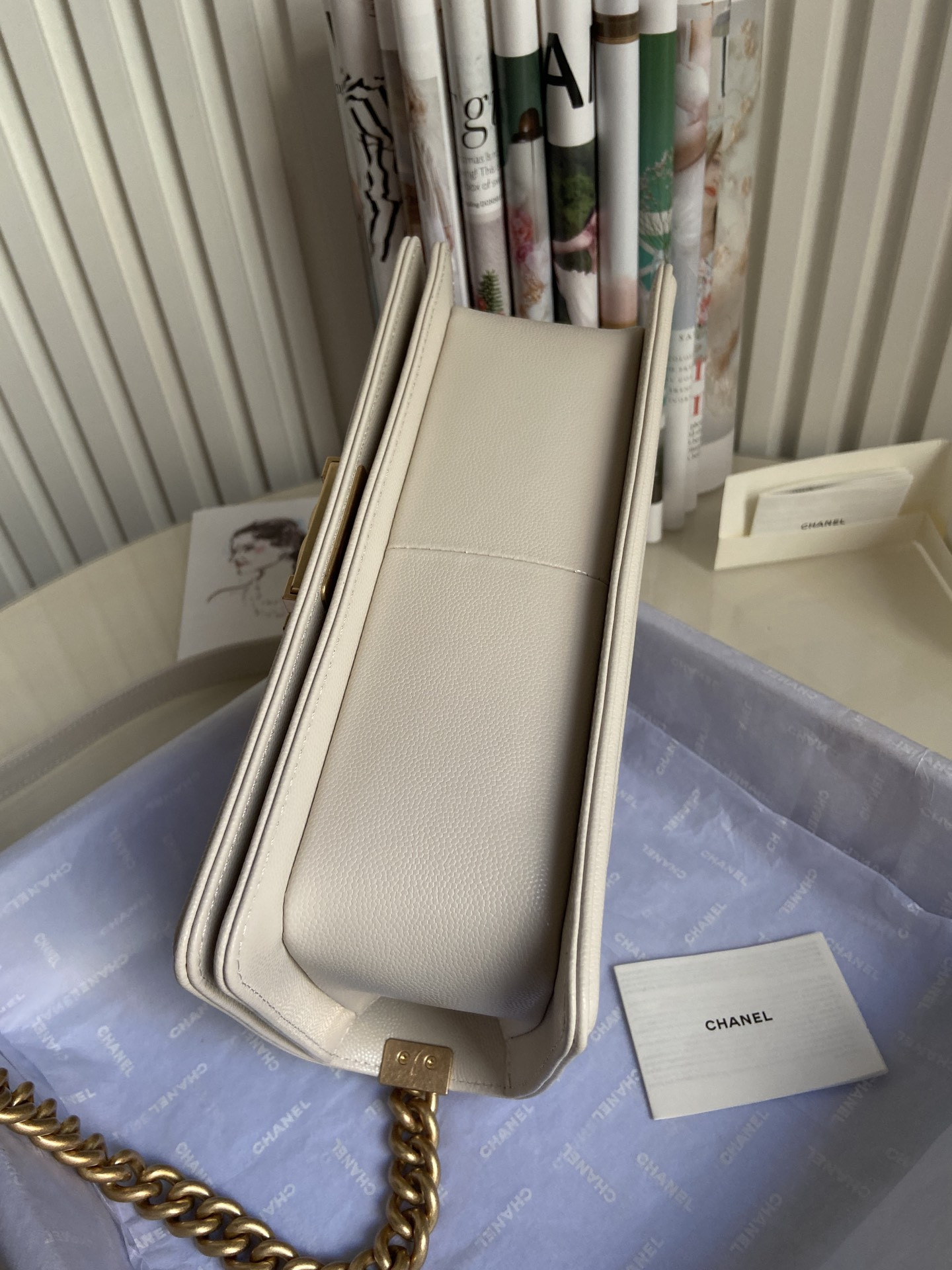 BOY CHANEL HANDBAG Shiny Grained Calfskin & Gold-Tone Metal Beige 5.9 × 9.8 × 3.5 in