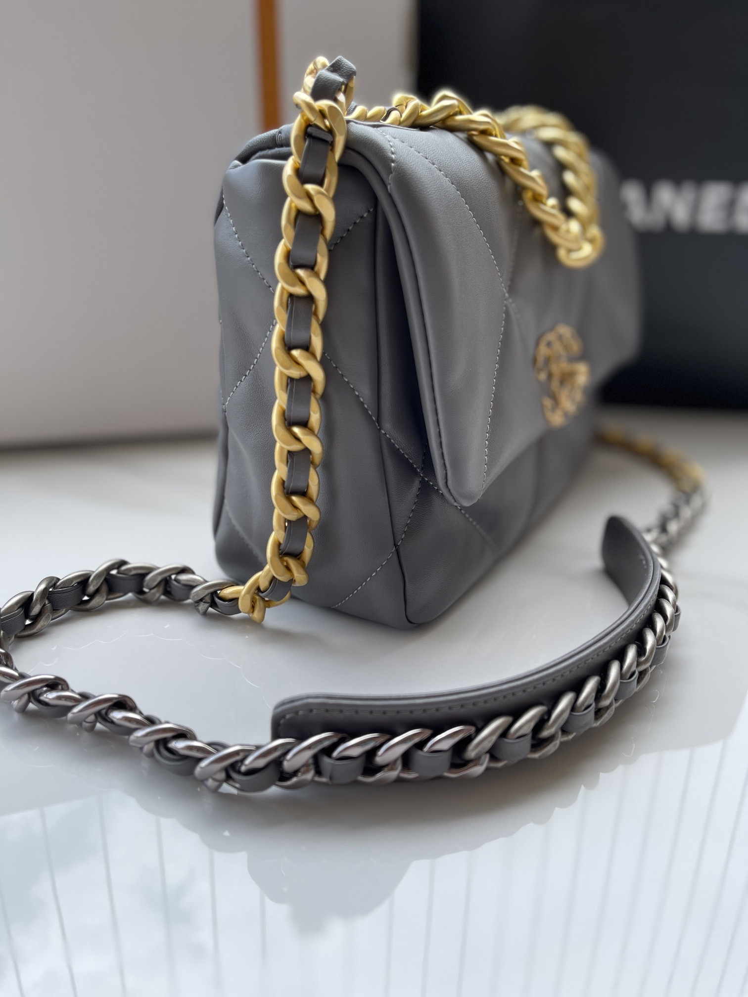 CHANEL 19 HANDBAG Shiny Leather, Gold-Tone, Silver-Tone & Ruthenium-Finish Metal Dark Gray 6.2 × 10.1 × 3.5 in