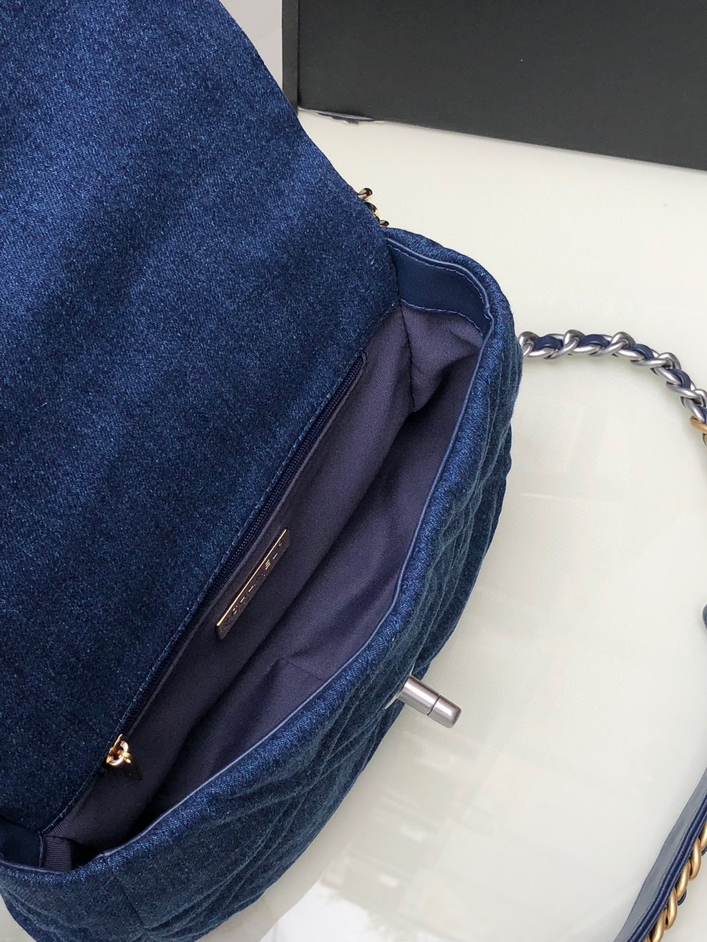 CHANEL 19 HANDBAG, Gold-Tone, Silver-Tone & Ruthenium-Finish Metal Navy 6.2 × 10.1 × 3.5 in