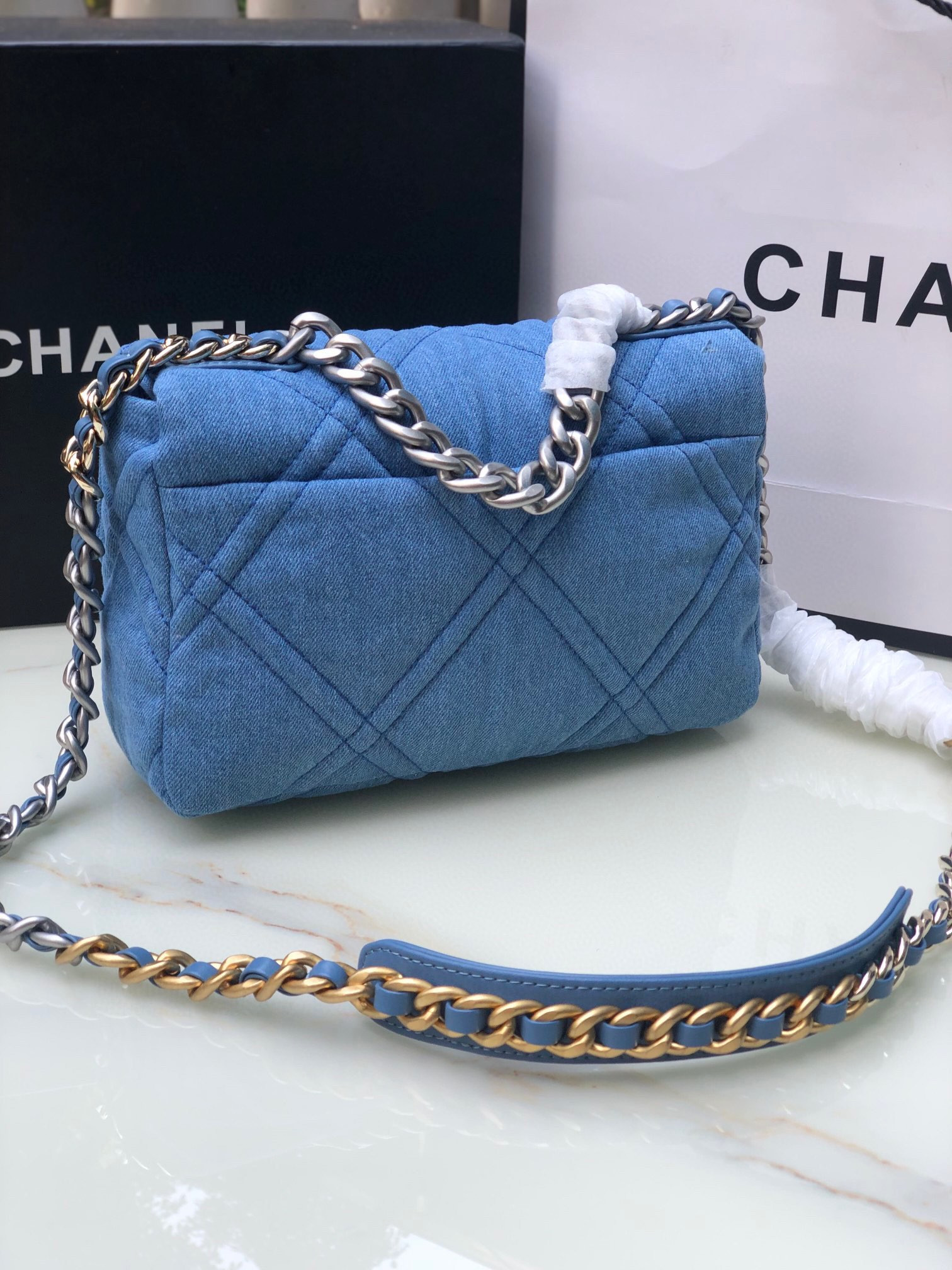 CHANEL 19 HANDBAG, Gold-Tone, Silver-Tone & Ruthenium-Finish Metal Blue 6.2 × 10.1 × 3.5 in