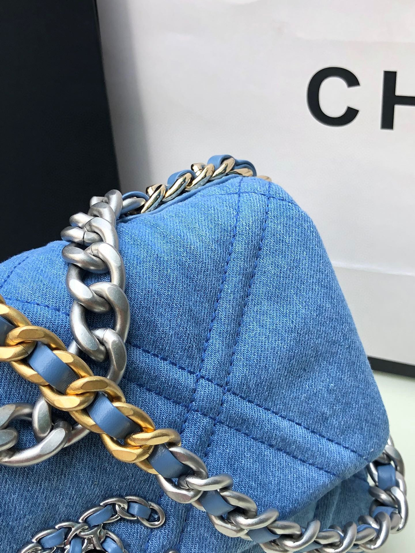 CHANEL 19 HANDBAG, Gold-Tone, Silver-Tone & Ruthenium-Finish Metal Blue 6.2 × 10.1 × 3.5 in