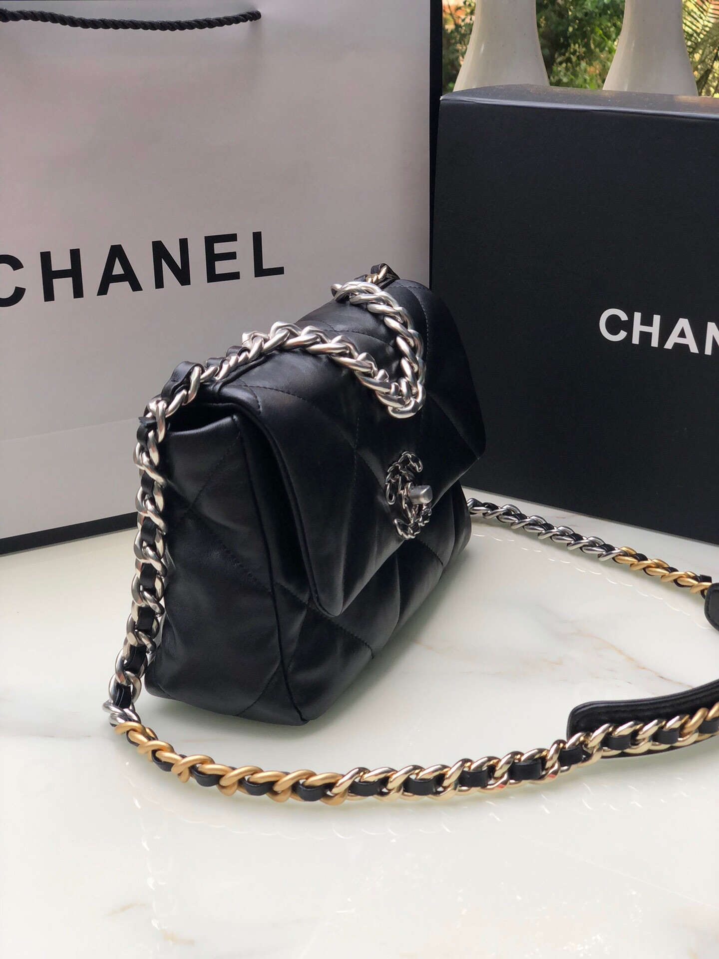 CHANEL 19 HANDBAG Shiny Leather, Gold-Tone, Silver-Tone & Ruthenium-Finish Metal Black 6.2 × 10.1 × 3.5 in