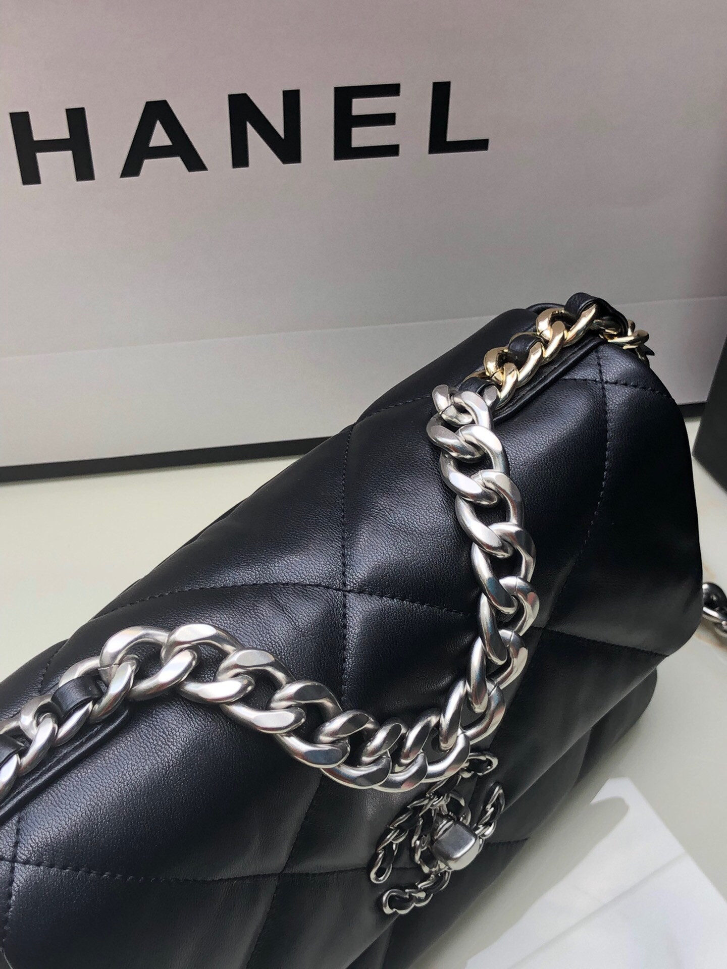 CHANEL 19 HANDBAG Shiny Leather, Gold-Tone, Silver-Tone & Ruthenium-Finish Metal Black 6.2 × 10.1 × 3.5 in