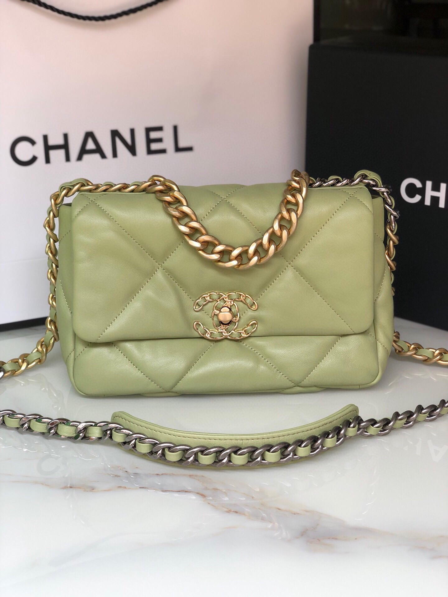 CHANEL 19 HANDBAG Shiny Leather, Gold-Tone, Silver-Tone & Ruthenium-Finish Metal Light Green 6.2 × 10.1 × 3.5 in