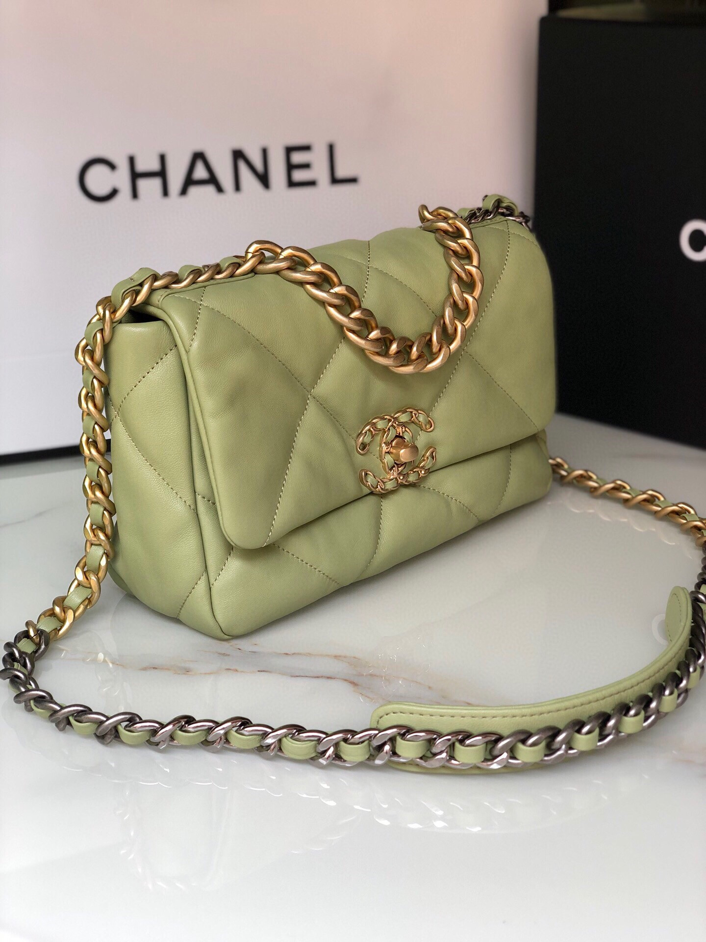 CHANEL 19 HANDBAG Shiny Leather, Gold-Tone, Silver-Tone & Ruthenium-Finish Metal Light Green 6.2 × 10.1 × 3.5 in