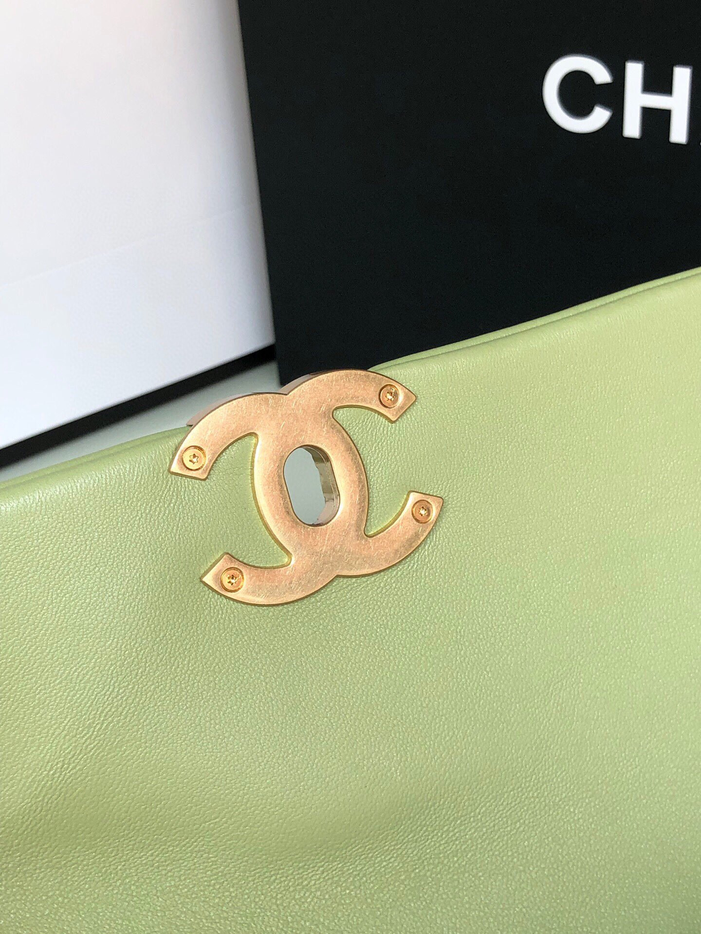 CHANEL 19 HANDBAG Shiny Leather, Gold-Tone, Silver-Tone & Ruthenium-Finish Metal Light Green 6.2 × 10.1 × 3.5 in