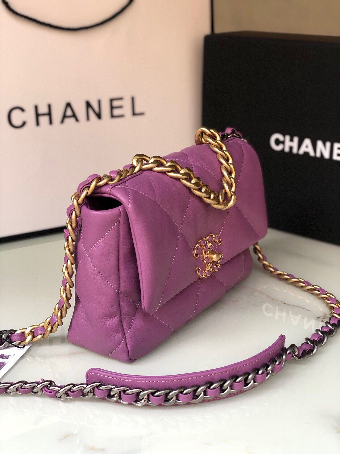 CHANEL 19 HANDBAG Shiny Leather, Gold-Tone, Silver-Tone & Ruthenium-Finish Metal Purple 6.2 × 10.1 × 3.5 in