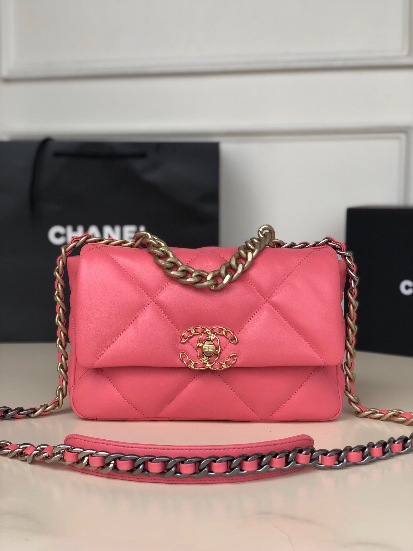 CHANEL 19 HANDBAG Shiny Leather, Gold-Tone, Silver-Tone & Ruthenium-Finish Metal Pink 6.2 × 10.1 × 3.5 in