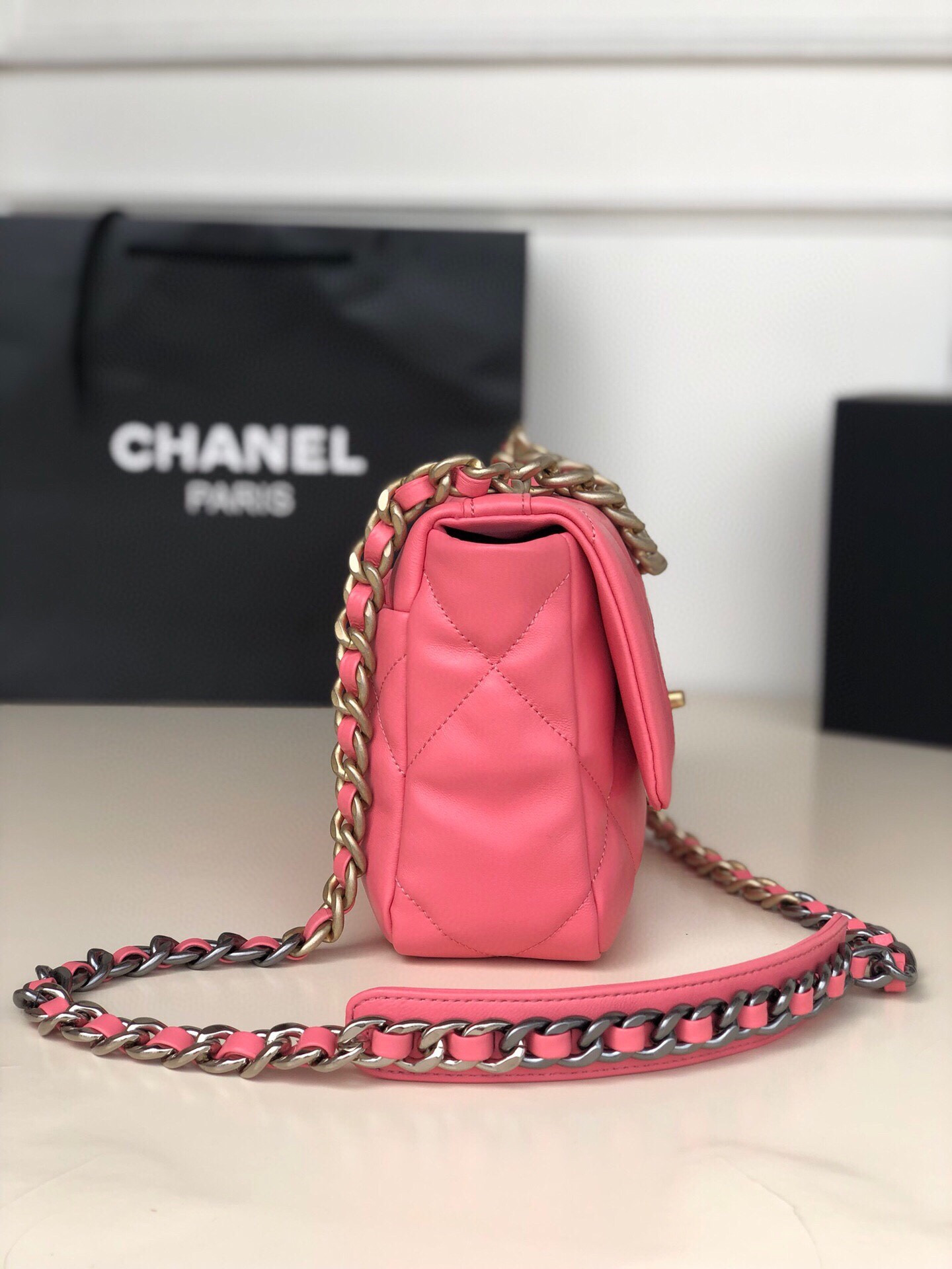 CHANEL 19 HANDBAG Shiny Leather, Gold-Tone, Silver-Tone & Ruthenium-Finish Metal Pink 6.2 × 10.1 × 3.5 in