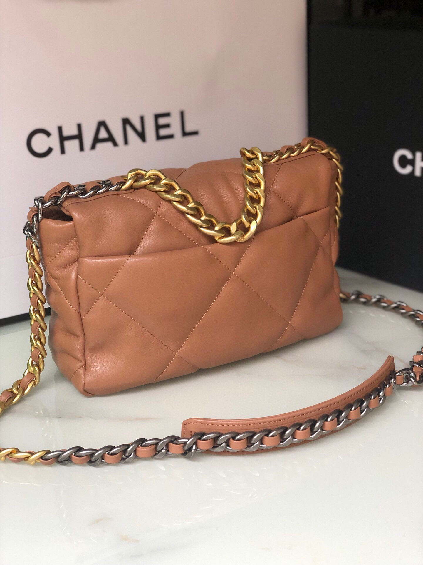 CHANEL 19 HANDBAG Shiny Leather, Gold-Tone, Silver-Tone & Ruthenium-Finish Metal Caramel 6.2 × 10.1 × 3.5 in
