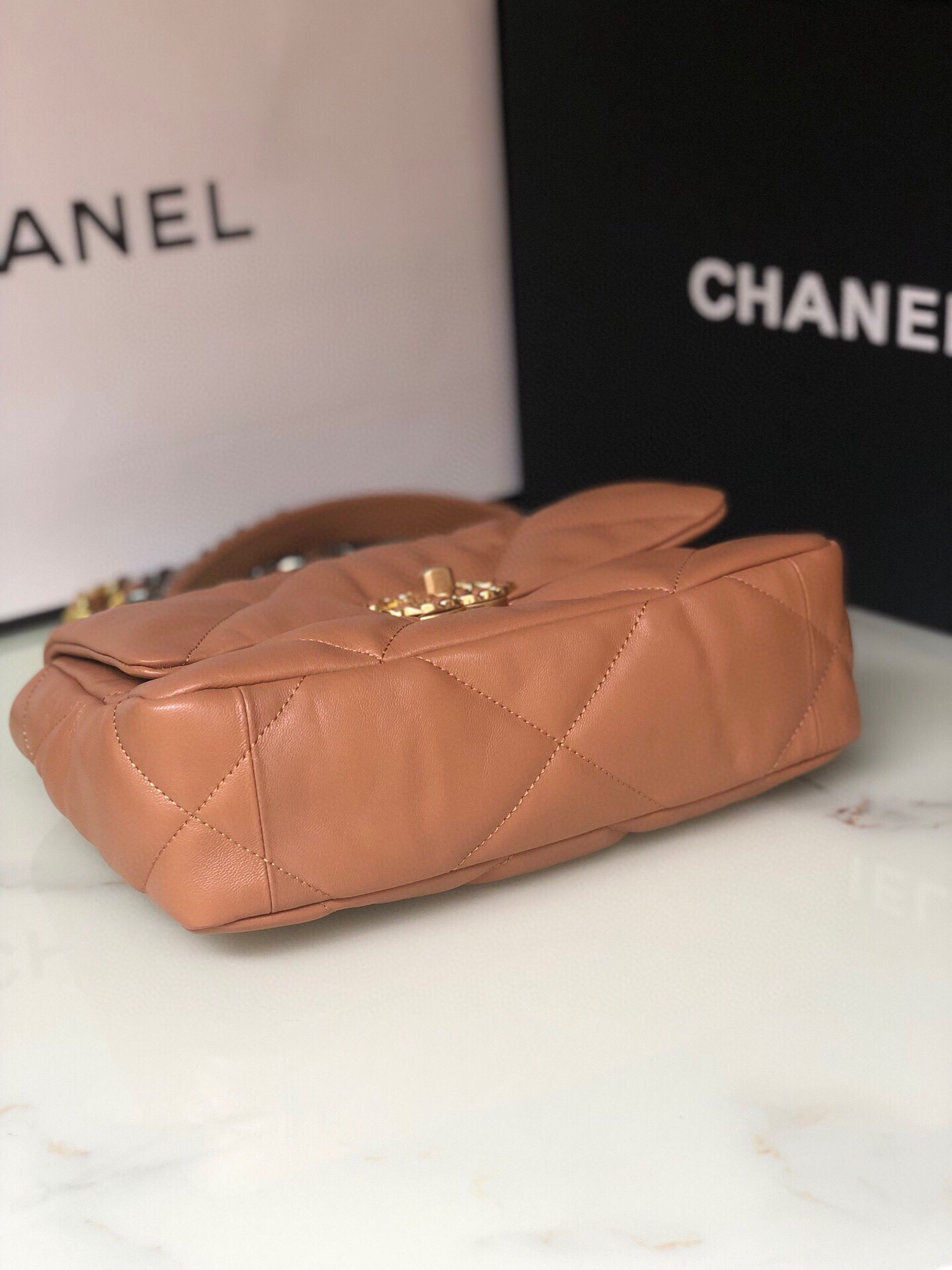 CHANEL 19 HANDBAG Shiny Leather, Gold-Tone, Silver-Tone & Ruthenium-Finish Metal Caramel 6.2 × 10.1 × 3.5 in