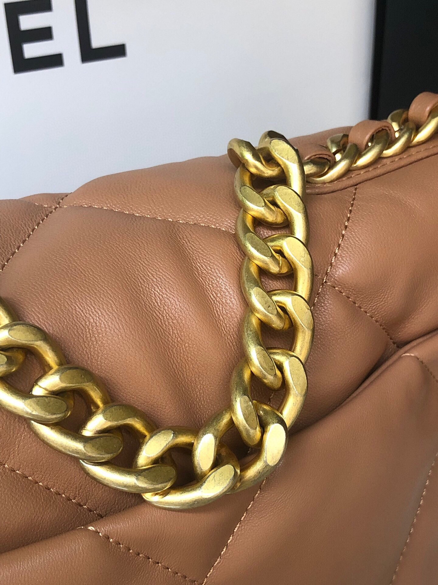 CHANEL 19 HANDBAG Shiny Leather, Gold-Tone, Silver-Tone & Ruthenium-Finish Metal Caramel 6.2 × 10.1 × 3.5 in