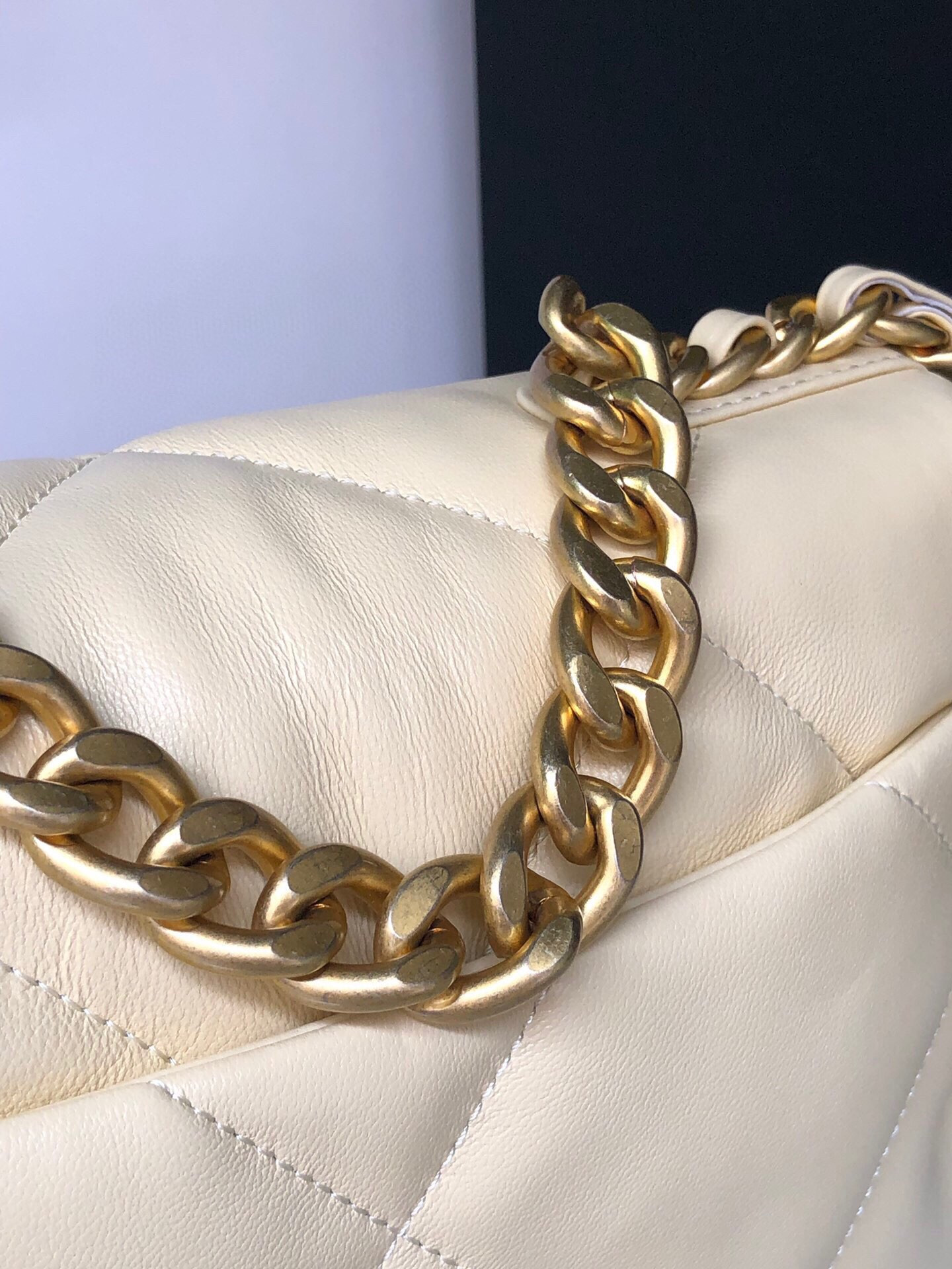 CHANEL 19 HANDBAG Shiny Leather, Gold-Tone, Silver-Tone & Ruthenium-Finish Metal Dark Yellow 6.2 × 10.1 × 3.5 in