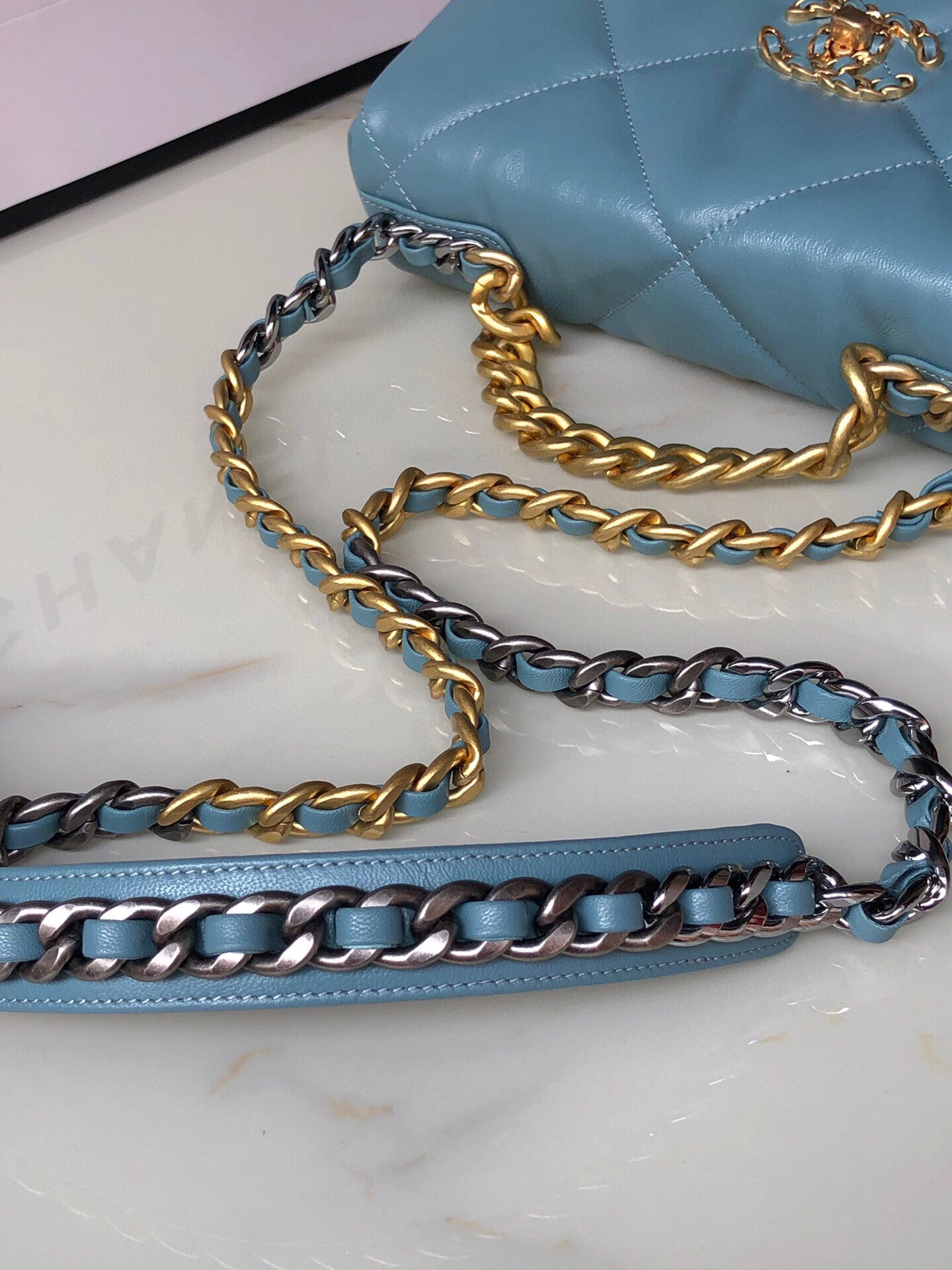 CHANEL 19 HANDBAG Shiny Leather, Gold-Tone, Silver-Tone & Ruthenium-Finish Metal Blue 6.2 × 10.1 × 3.5 in