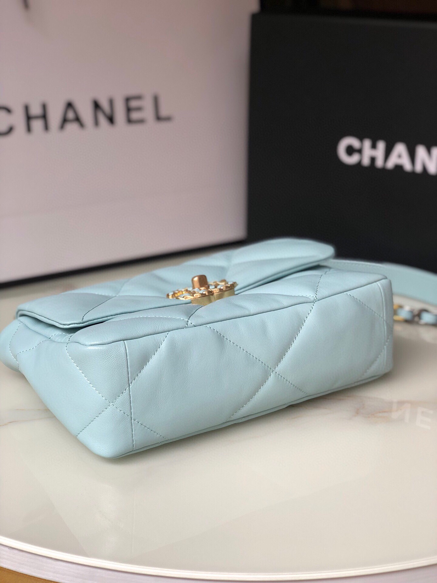 CHANEL 19 HANDBAG Shiny Leather, Gold-Tone, Silver-Tone & Ruthenium-Finish Metal Light Blue 6.2 × 10.1 × 3.5 in