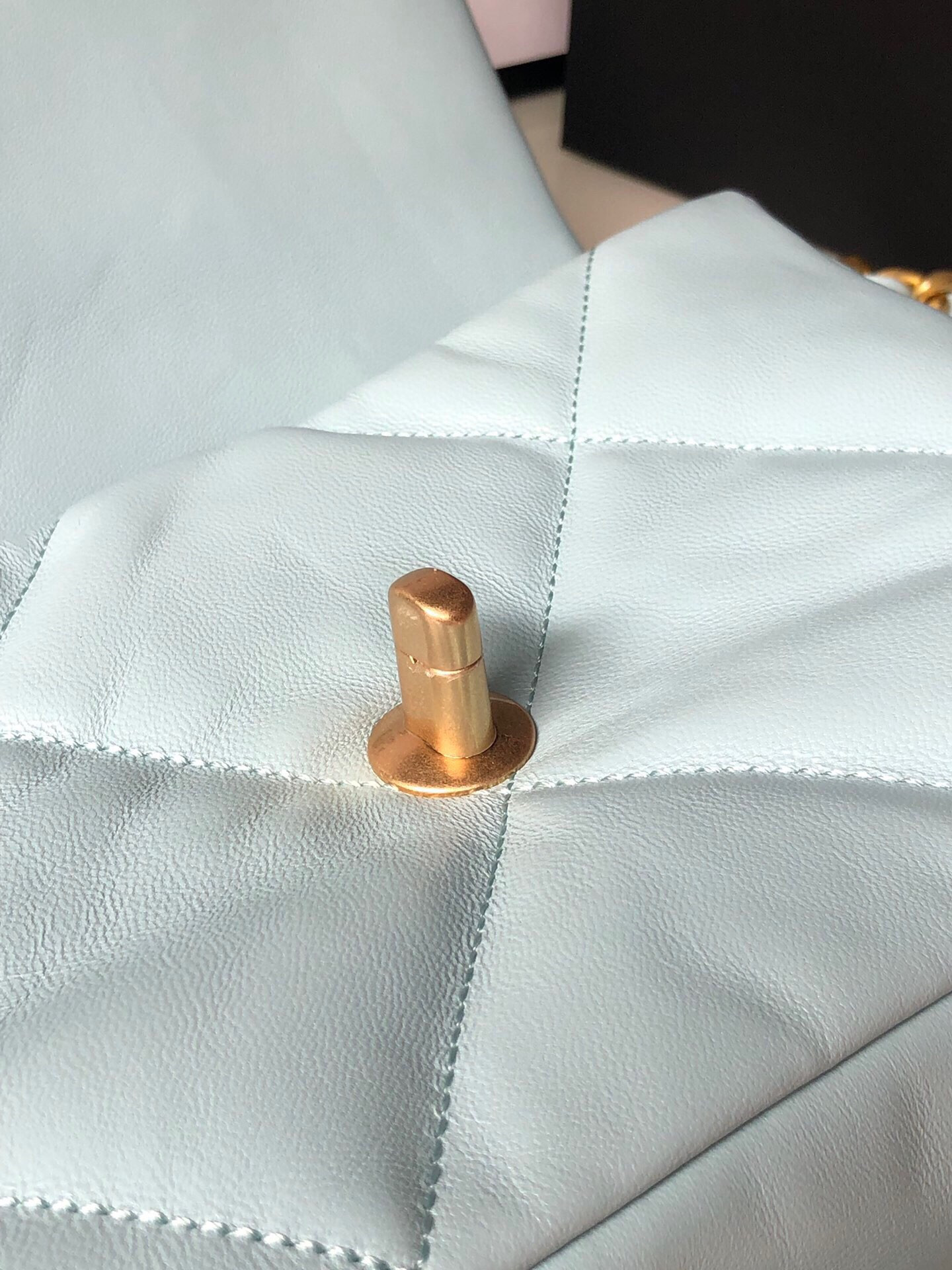 CHANEL 19 HANDBAG Shiny Leather, Gold-Tone, Silver-Tone & Ruthenium-Finish Metal Light Blue 6.2 × 10.1 × 3.5 in