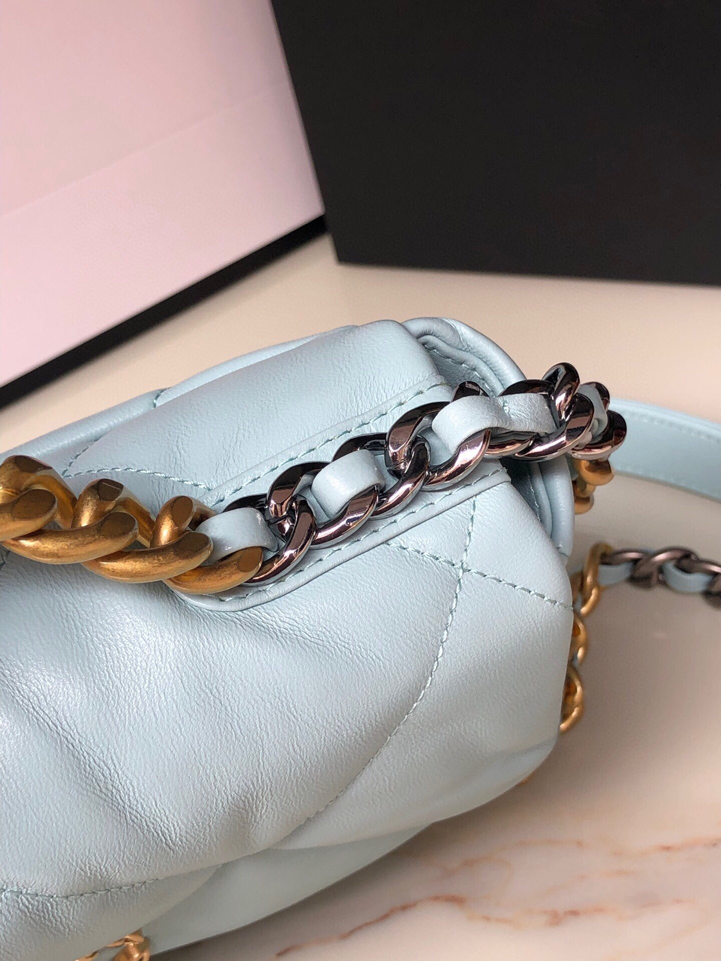 CHANEL 19 HANDBAG Shiny Leather, Gold-Tone, Silver-Tone & Ruthenium-Finish Metal Light Blue 6.2 × 10.1 × 3.5 in