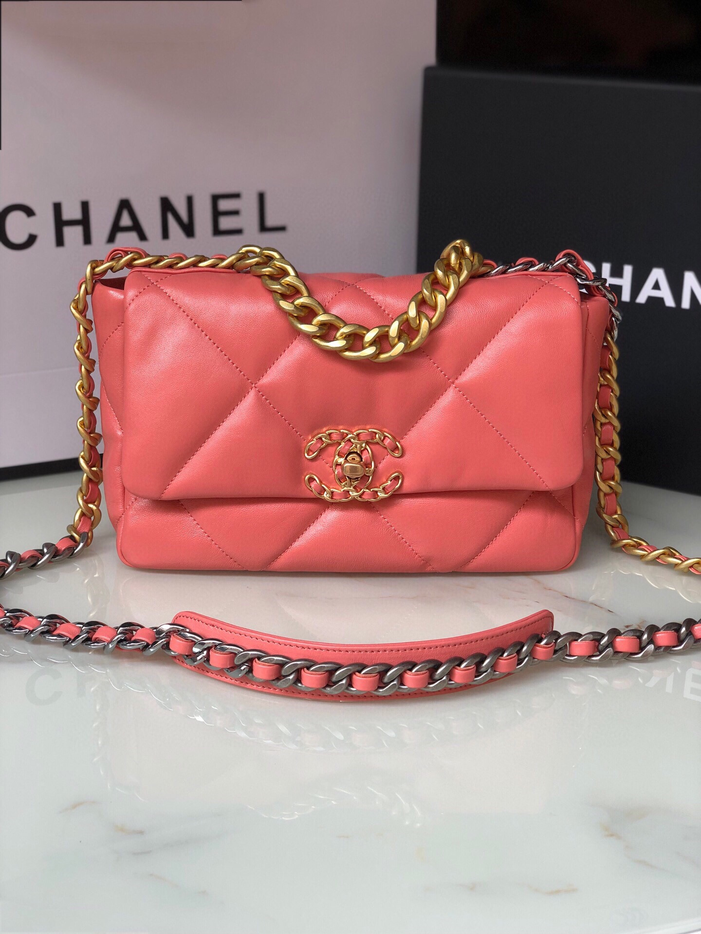 CHANEL 19 HANDBAG Shiny Pink Gold-Tone, Silver-Tone & Ruthenium-Finish Metal 6.2 × 10.1 × 3.5 in
