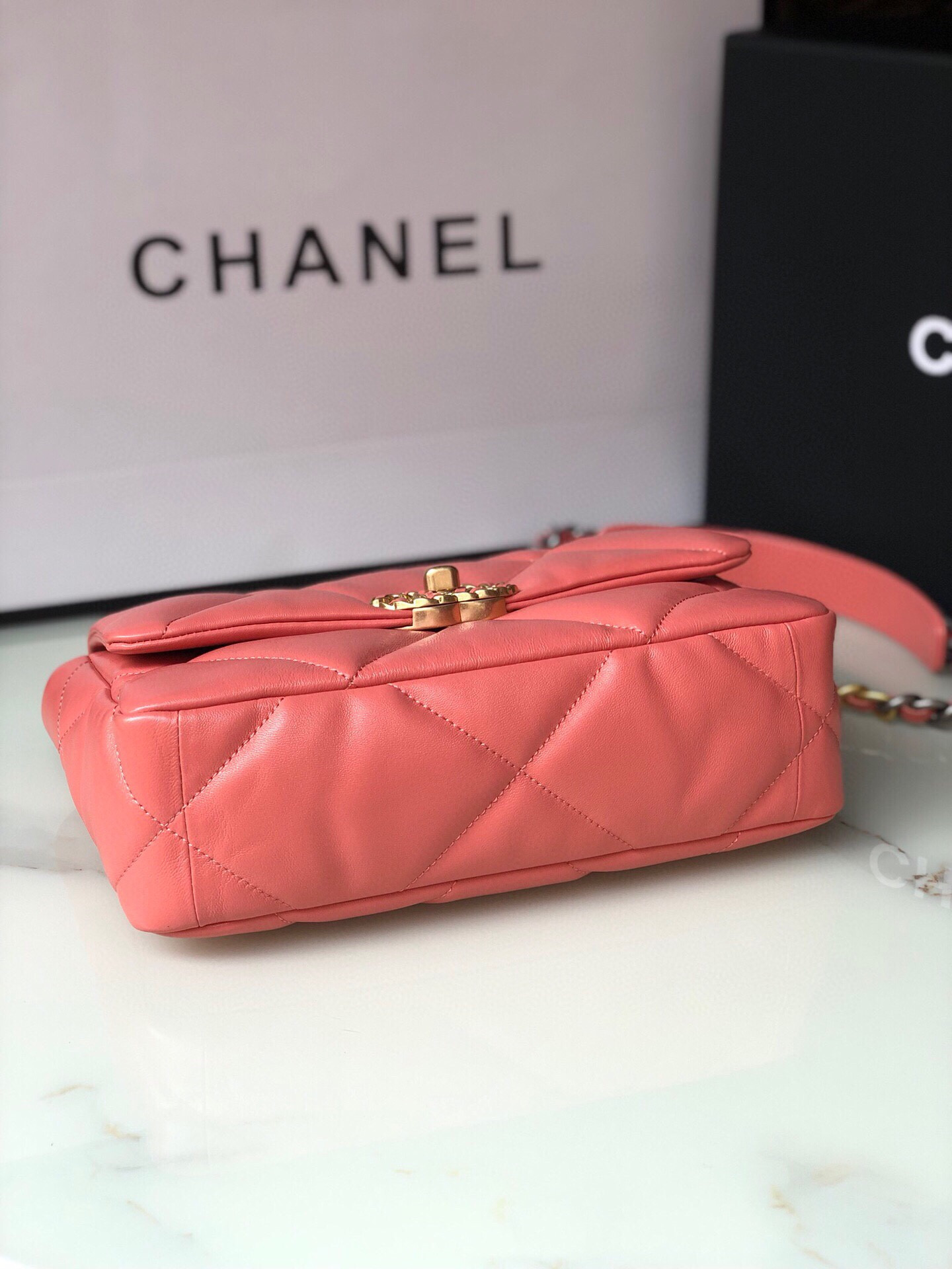 CHANEL 19 HANDBAG Shiny Pink Gold-Tone, Silver-Tone & Ruthenium-Finish Metal 6.2 × 10.1 × 3.5 in