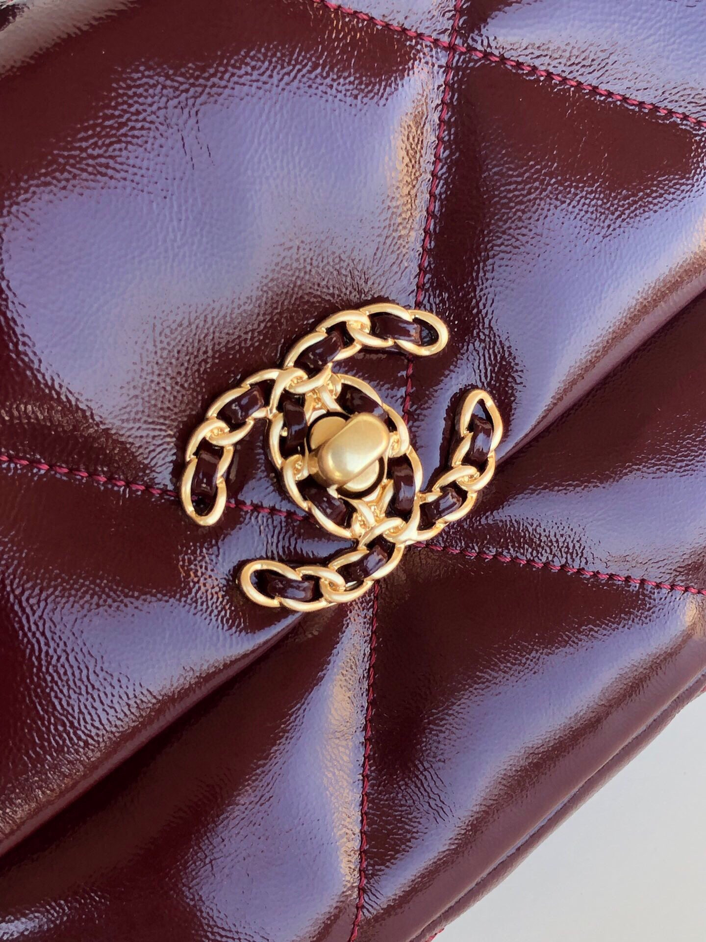 CHANEL 19 HANDBAG Shiny Leather, Gold-Tone, Silver-Tone & Ruthenium-Finish Metal Dark Red 6.2 × 10.1 × 3.5 in