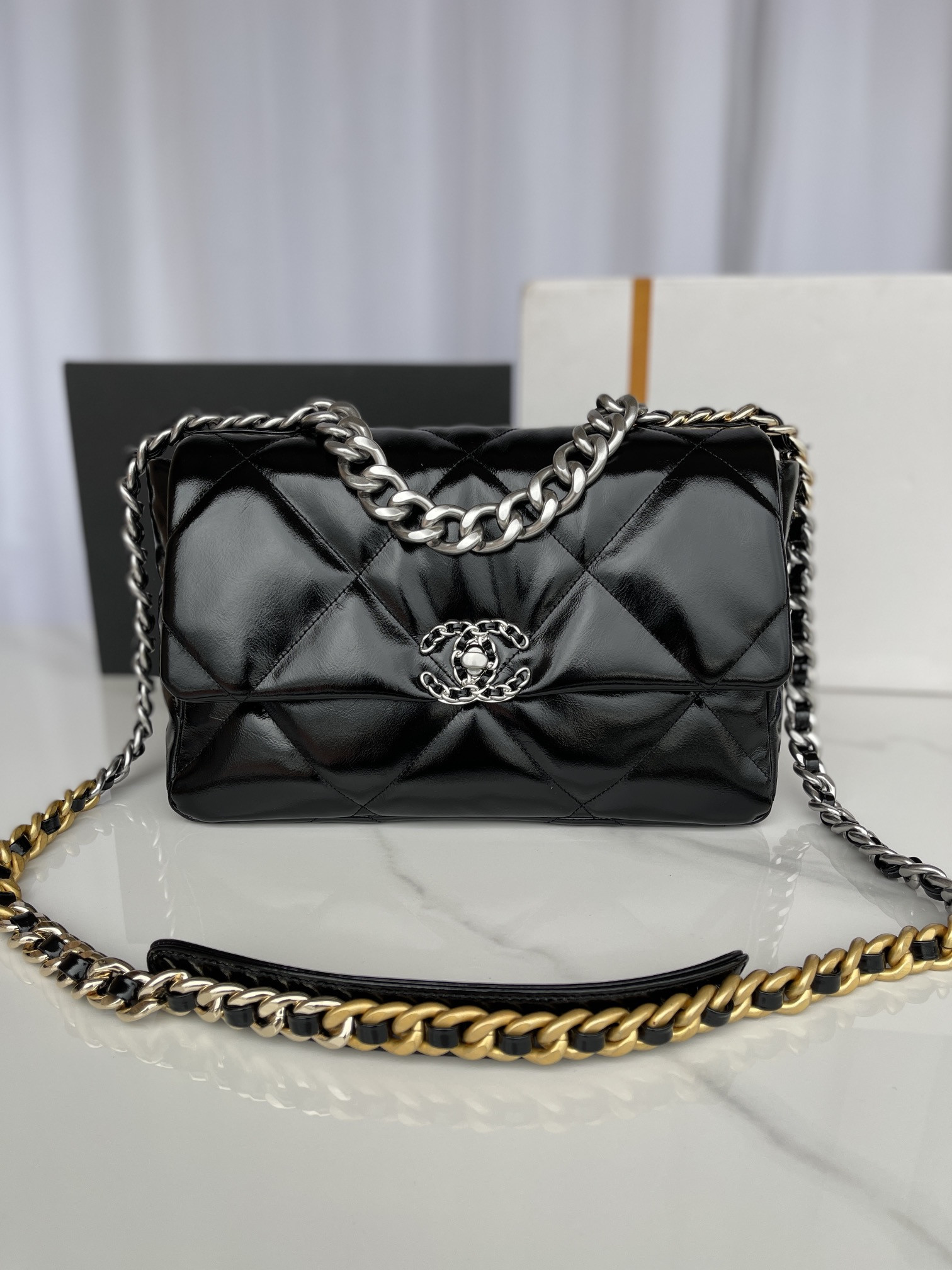 CHANEL 19 LARGE HANDBAG Shiny Leather, Gold-Tone, Silver-Tone & Ruthenium-Finish Metal Black 7.8 × 11.7 × 3.9 in