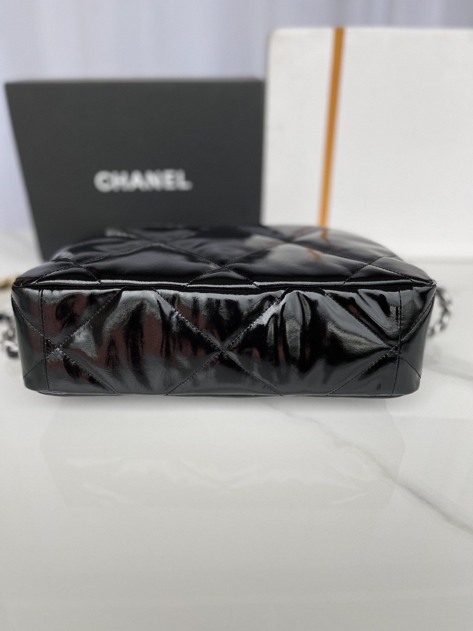 CHANEL 19 LARGE HANDBAG Shiny Leather, Gold-Tone, Silver-Tone & Ruthenium-Finish Metal Black 7.8 × 11.7 × 3.9 in