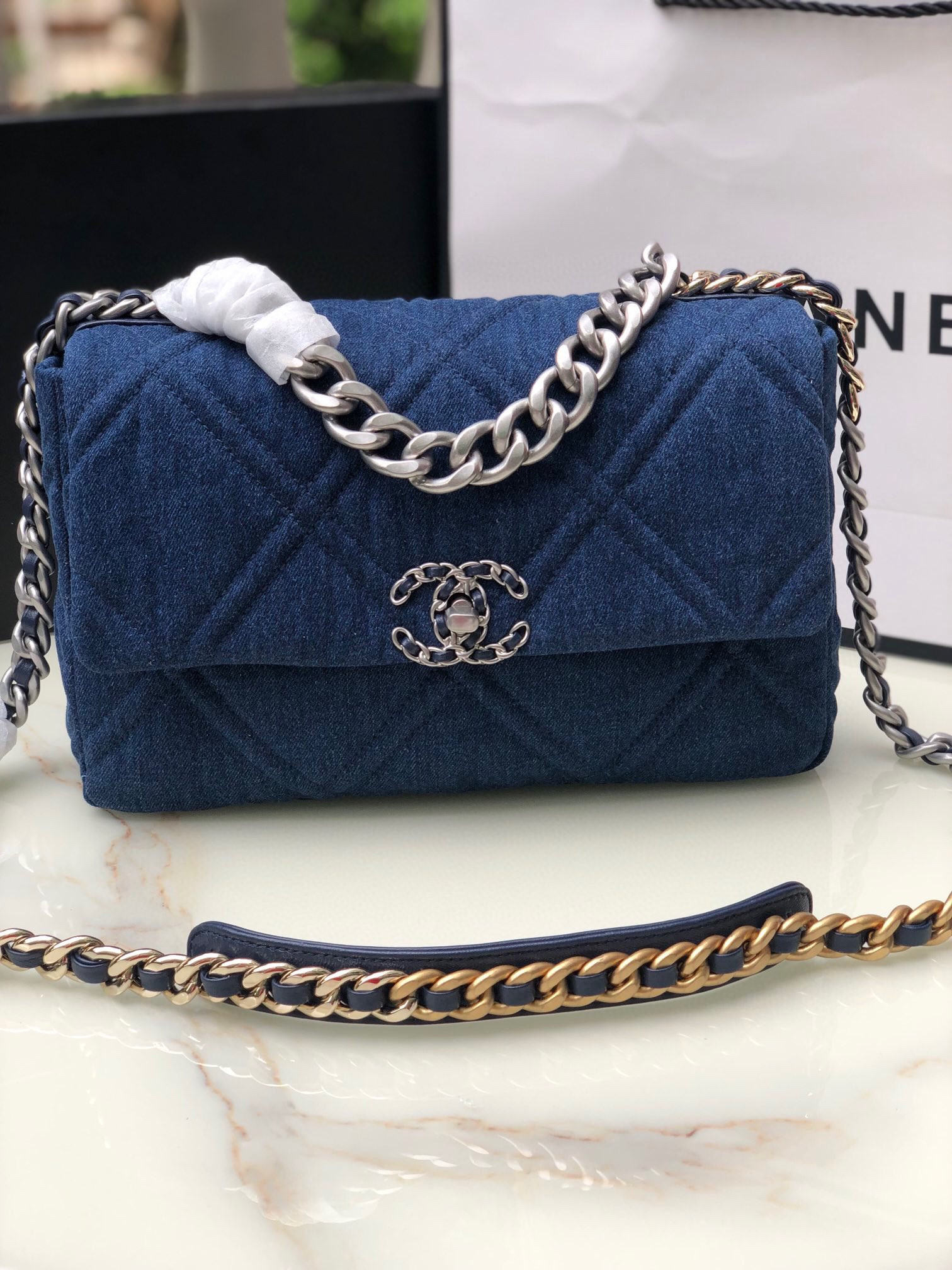 CHANEL 19 LARGE HANDBAG, Gold-Tone, Silver-Tone & Ruthenium-Finish Metal Blue 7.8 × 11.7 × 3.9 in