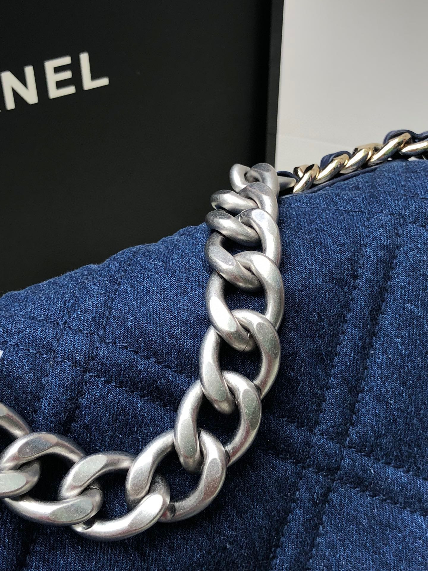 CHANEL 19 LARGE HANDBAG, Gold-Tone, Silver-Tone & Ruthenium-Finish Metal Blue 7.8 × 11.7 × 3.9 in