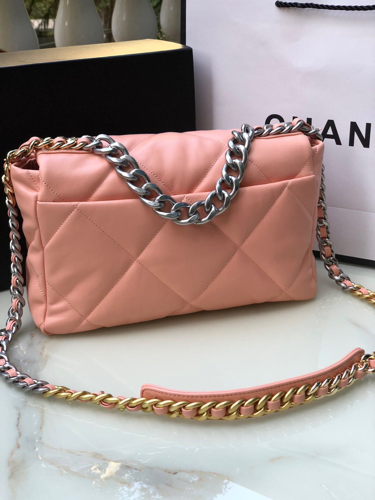 CHANEL 19 LARGE HANDBAG Shiny Leather, Gold-Tone, Silver-Tone & Ruthenium-Finish Metal Light Pink 7.8 × 11.7 × 3.9 in