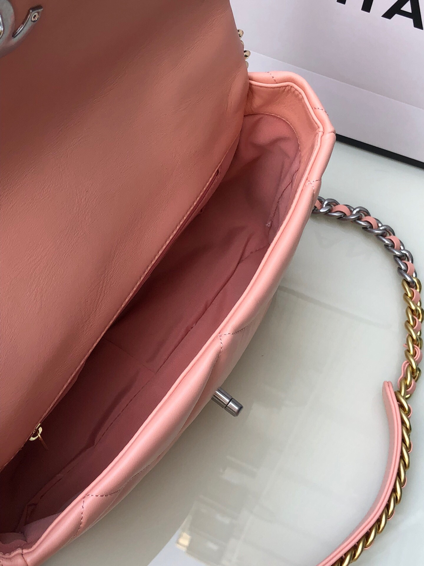 CHANEL 19 LARGE HANDBAG Shiny Leather, Gold-Tone, Silver-Tone & Ruthenium-Finish Metal Light Pink 7.8 × 11.7 × 3.9 in