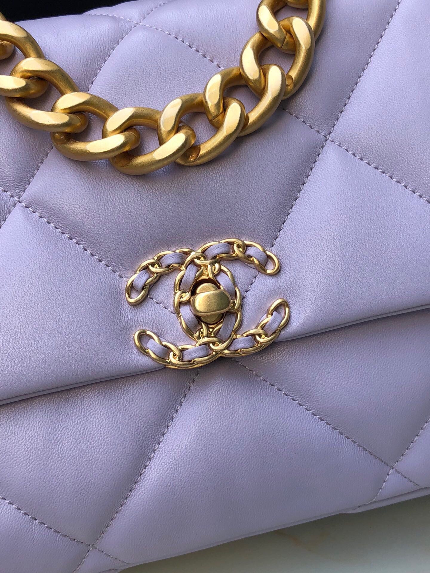 CHANEL 19 LARGE HANDBAG Shiny Leather, Gold-Tone, Silver-Tone & Ruthenium-Finish Metal Purple 7.8 × 11.7 × 3.9 in