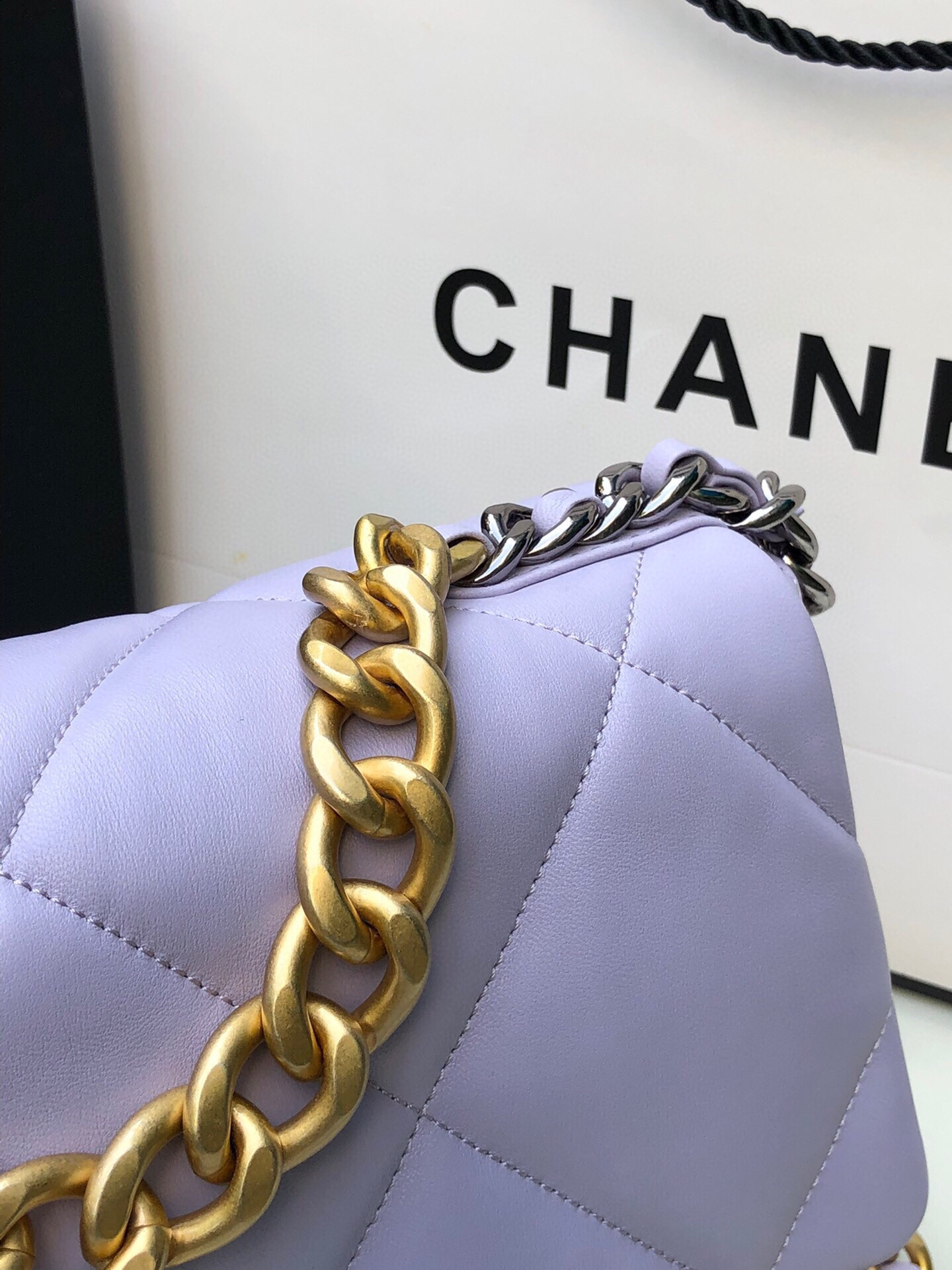 CHANEL 19 LARGE HANDBAG Shiny Leather, Gold-Tone, Silver-Tone & Ruthenium-Finish Metal Purple 7.8 × 11.7 × 3.9 in