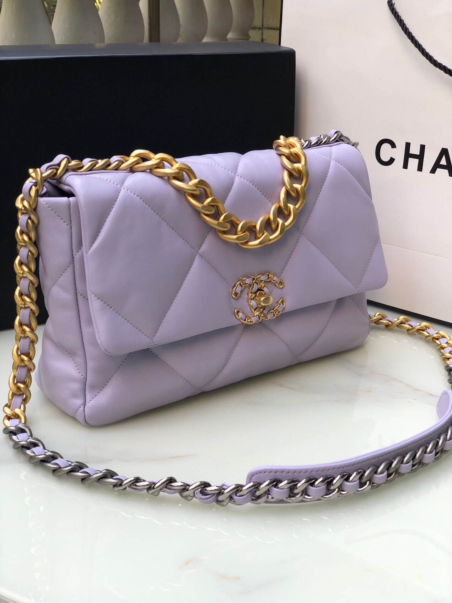 CHANEL 19 LARGE HANDBAG Shiny Leather, Gold-Tone, Silver-Tone & Ruthenium-Finish Metal Purple 7.8 × 11.7 × 3.9 in