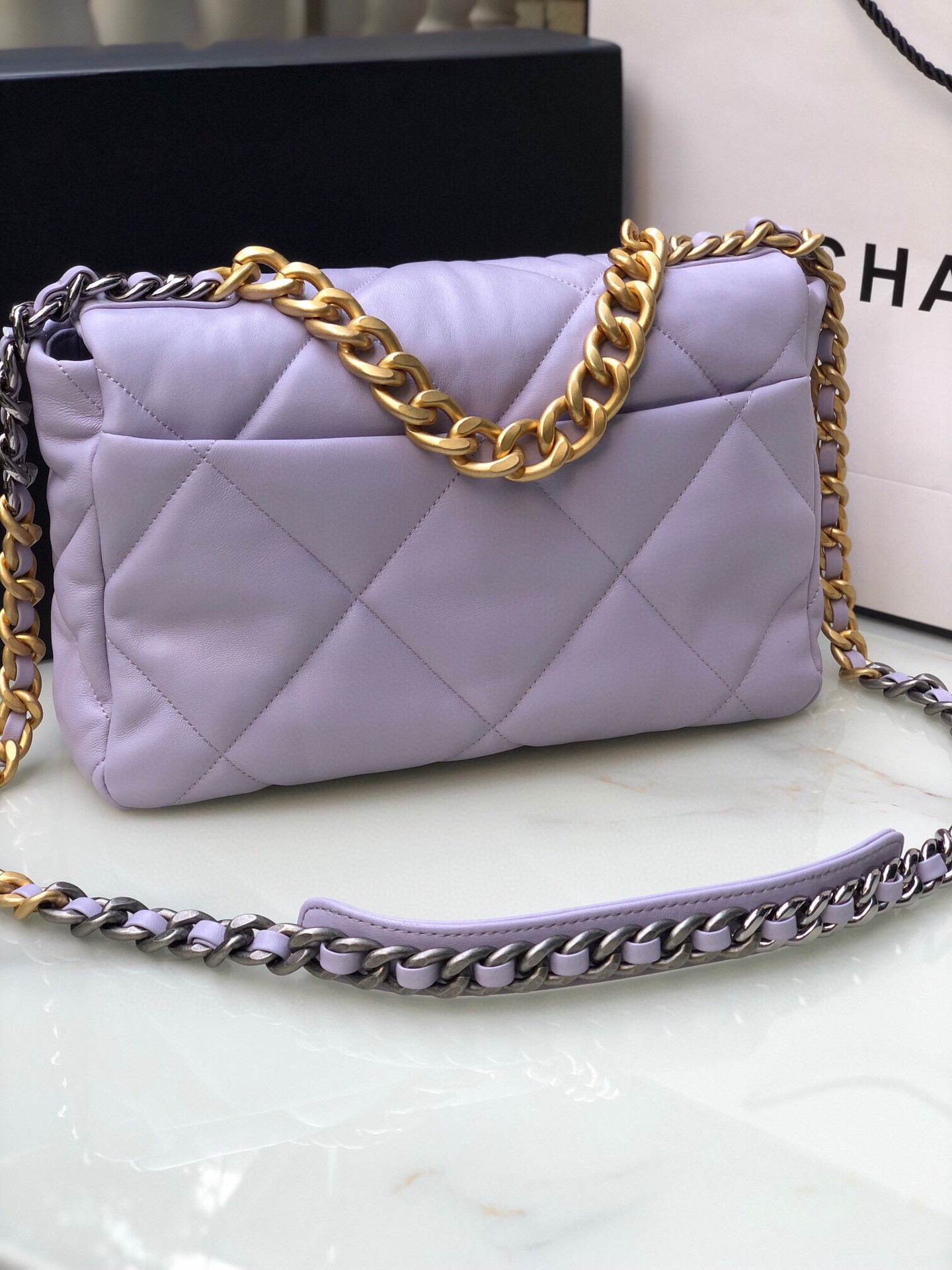 CHANEL 19 LARGE HANDBAG Shiny Leather, Gold-Tone, Silver-Tone & Ruthenium-Finish Metal Purple 7.8 × 11.7 × 3.9 in