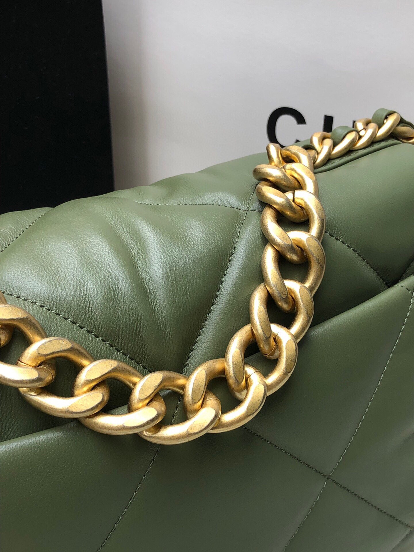 CHANEL 19 LARGE HANDBAG Shiny Leather, Gold-Tone, Silver-Tone & Ruthenium-Finish Metal Dark Green 7.8 × 11.7 × 3.9 in
