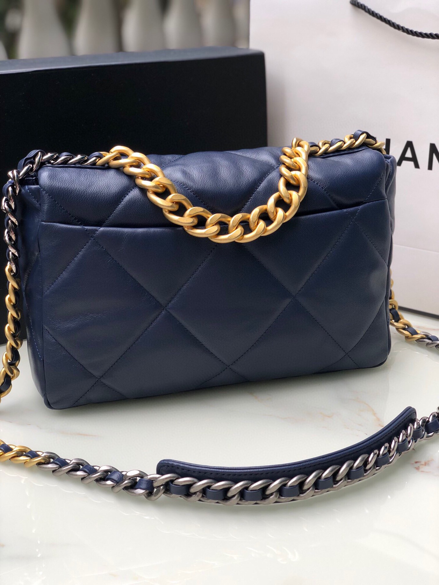 CHANEL 19 LARGE HANDBAG Shiny Leather, Gold-Tone, Silver-Tone & Ruthenium-Finish Metal Navy 7.8 × 11.7 × 3.9 in
