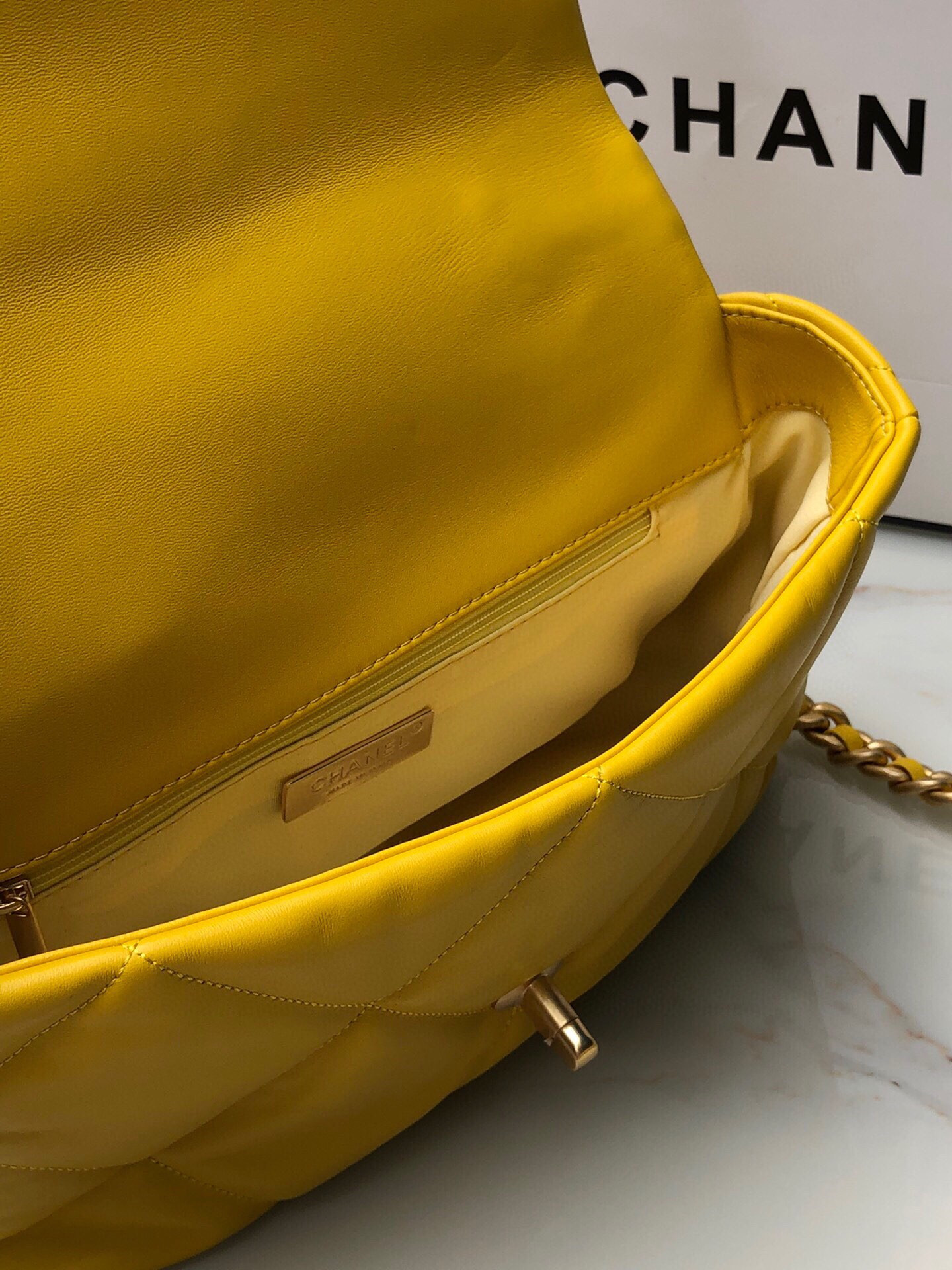 CHANEL 19 LARGE HANDBAG Shiny Leather, Gold-Tone, Silver-Tone & Ruthenium-Finish Metal Yellow 7.8 × 11.7 × 3.9 in
