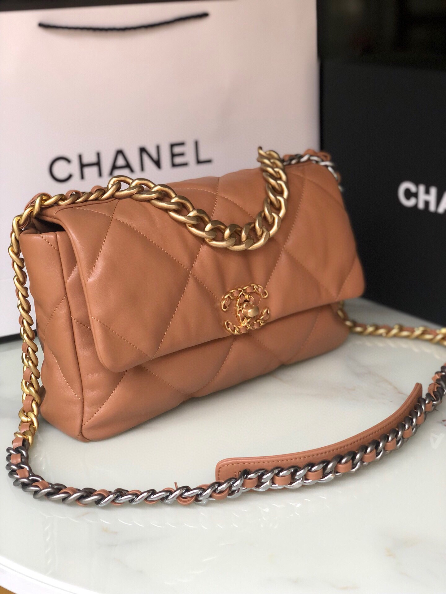 CHANEL 19 LARGE HANDBAG Shiny Leather, Gold-Tone, Silver-Tone & Ruthenium-Finish Metal Caramel 7.8 × 11.7 × 3.9 in