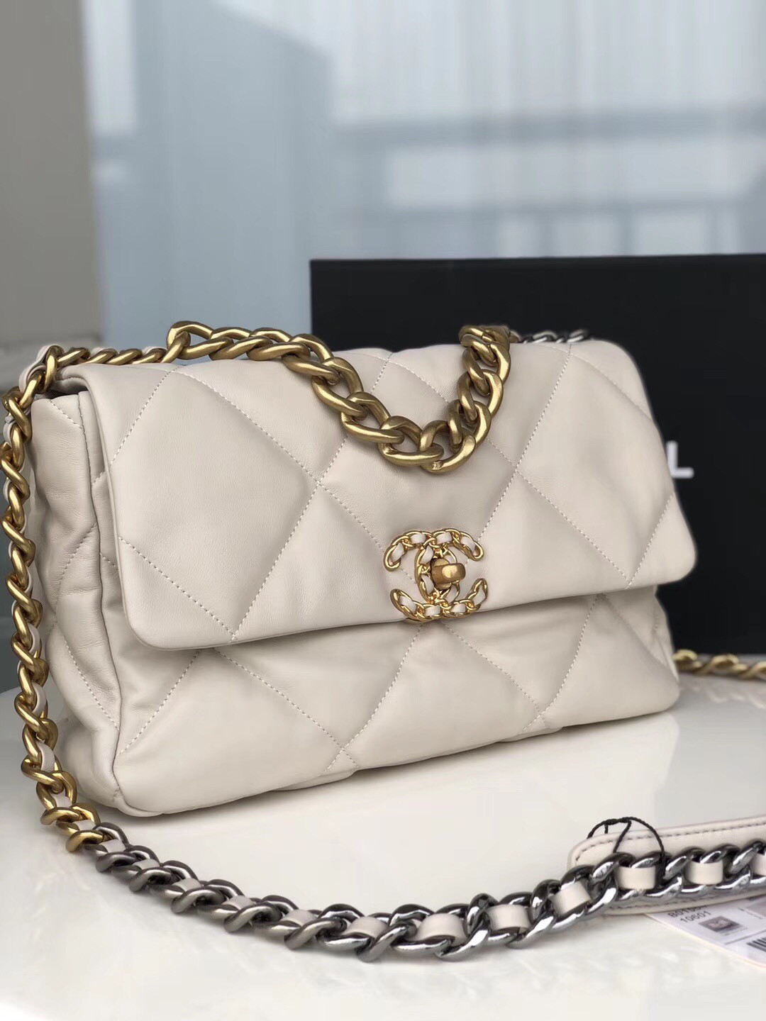 CHANEL 19 LARGE HANDBAG Shiny Leather, Gold-Tone, Silver-Tone & Ruthenium-Finish Metal Beige 7.8 × 11.7 × 3.9 in