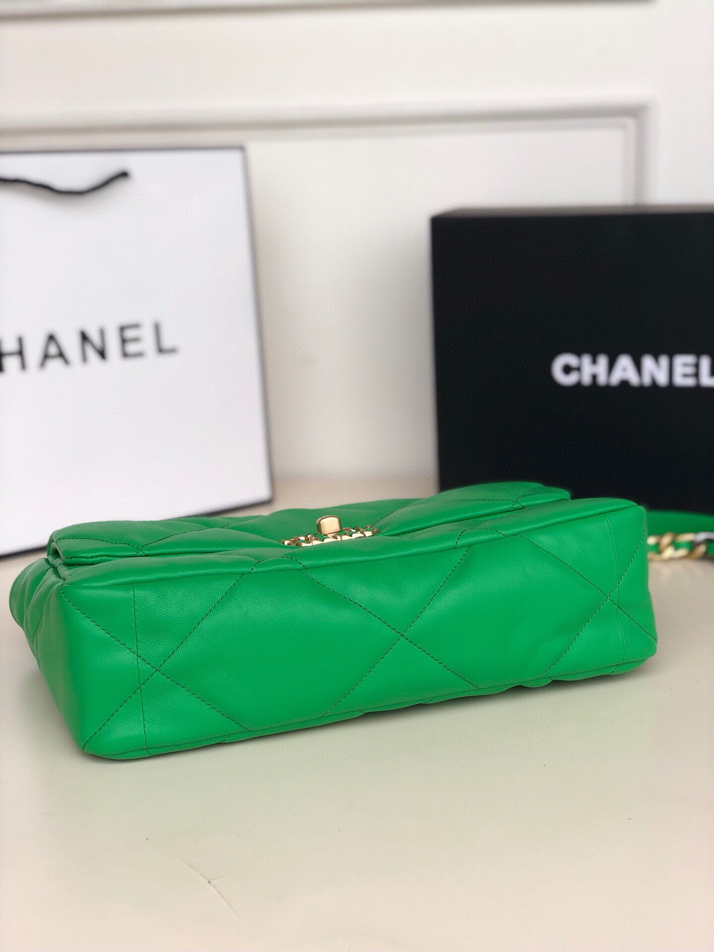 CHANEL 19 LARGE HANDBAG Shiny Leather, Gold-Tone, Silver-Tone & Ruthenium-Finish Metal Green 7.8 × 11.7 × 3.9 in