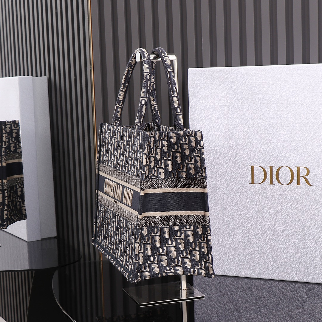 Medium Dior Book Tote Ecru and Blue Dior Oblique Embroidery 14 x 11 x 6.5 inches