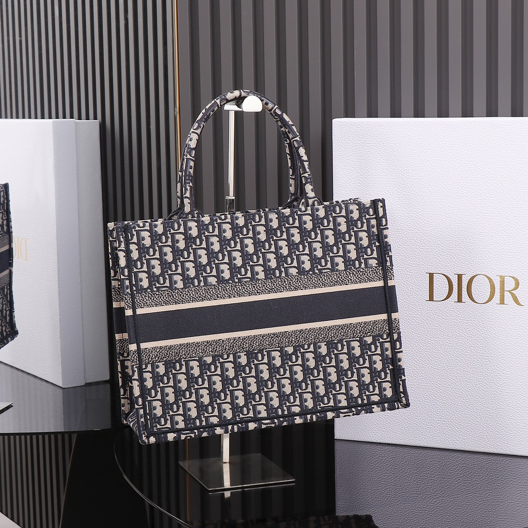 Medium Dior Book Tote Ecru and Blue Dior Oblique Embroidery 14 x 11 x 6.5 inches