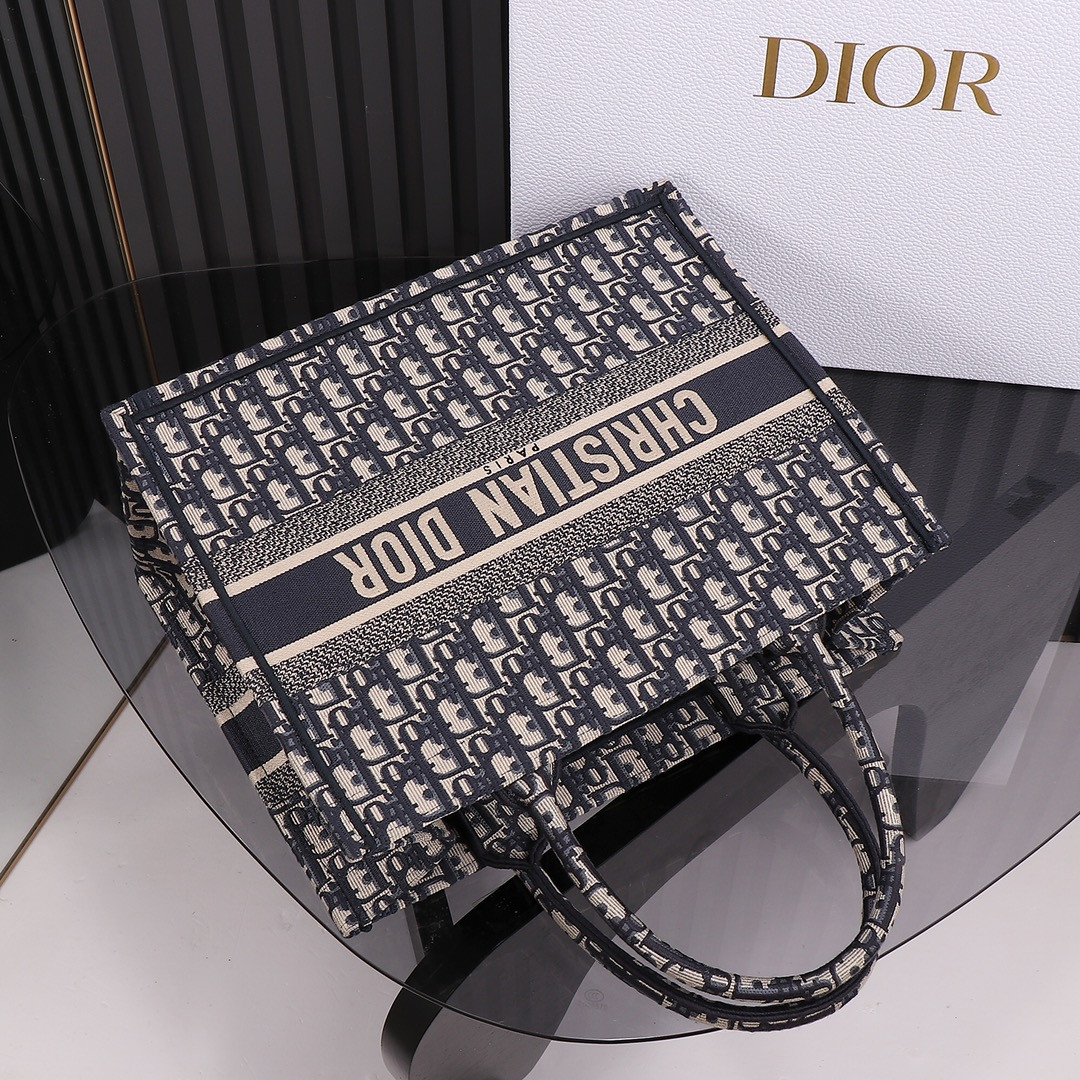 Medium Dior Book Tote Ecru and Blue Dior Oblique Embroidery 14 x 11 x 6.5 inches