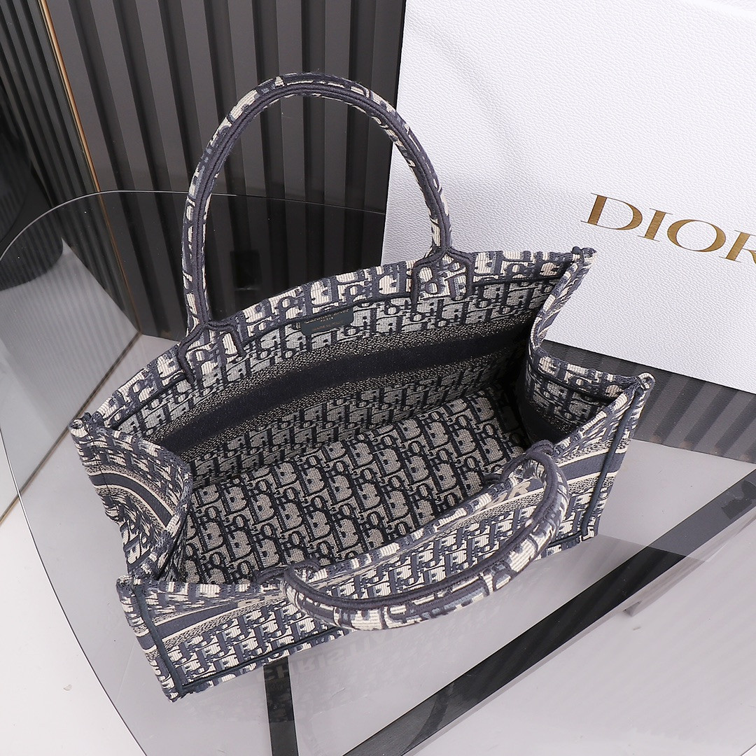 Medium Dior Book Tote Ecru and Blue Dior Oblique Embroidery 14 x 11 x 6.5 inches