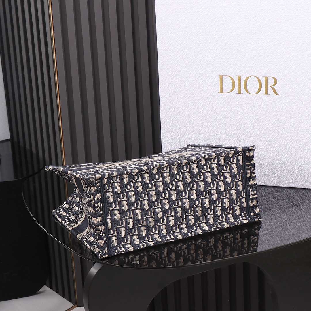 Medium Dior Book Tote Ecru and Blue Dior Oblique Embroidery 14 x 11 x 6.5 inches