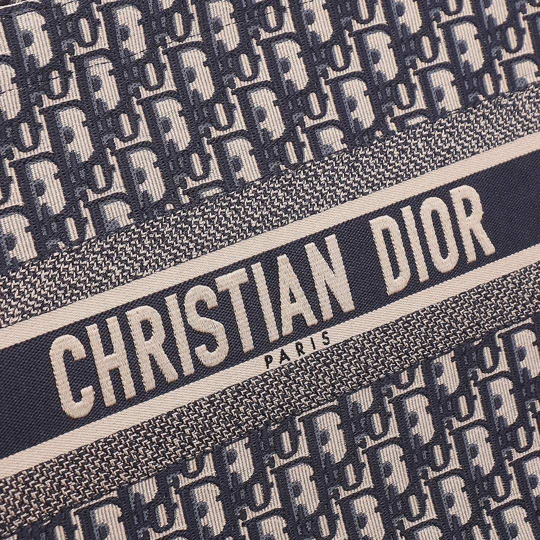 Medium Dior Book Tote Ecru and Blue Dior Oblique Embroidery 14 x 11 x 6.5 inches