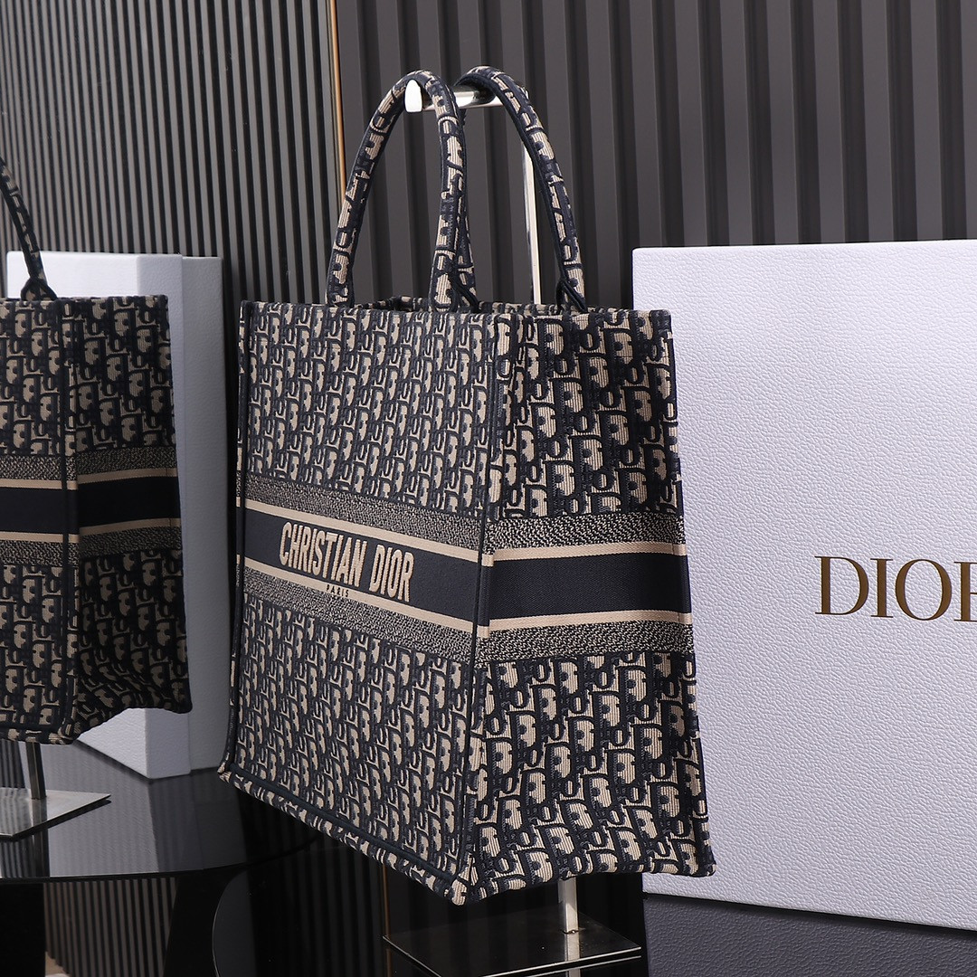 Large Dior Book Tote Ecru and Blue Dior Oblique Embroidery 16.5 x 14 x 7.5 inches